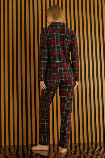 PİJAMONİ - Pijamoni Kadın Pijama Takımı Uzun Kollu Gömlek Yaka Pitikareli Süet - Siyah (1)