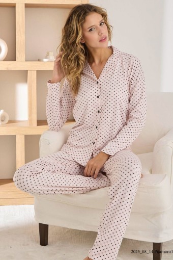 PİJAMONİ - Pijamoni Kadın Pijama Takımı Uzun Kollu Gömlek Yaka Puantiye Desenli Sofya - Pudra