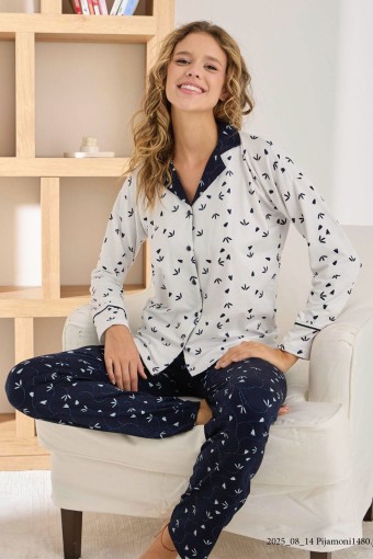 PİJAMONİ - Pijamoni Kadın Pijama Takımı Uzun Kollu Gömlek Yaka Sofya Desenli - Beyaz/Lacivert