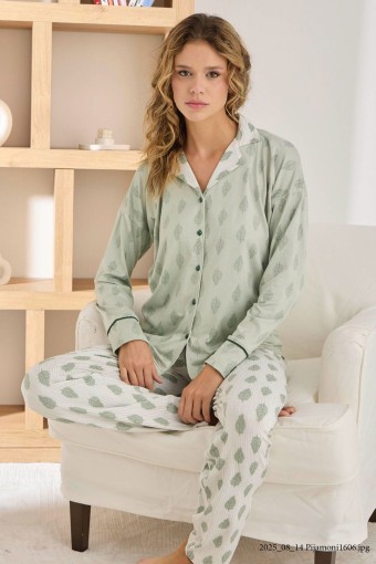 PİJAMONİ - Pijamoni Kadın Pijama Takımı Uzun Kollu Gömlek Yaka Sofya Desenli - Yeşil