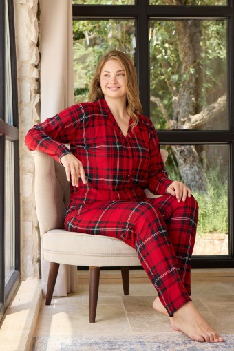 PİJAMONİ - Pijamoni Kadın Pijama Takımı Uzun Kollu Gömlek Yaka Süet Büyük Beden - Kırmızı
