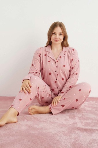 PİJAMONİ - Pijamoni Kadın Pijama Takımı Uzun Kollu Gömlek Yaka Süet Büyük Beden - Pembe