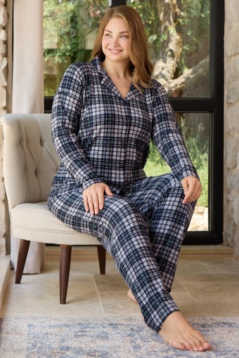 PİJAMONİ - Pijamoni Kadın Pijama Takımı Uzun Kollu Gömlek Yaka Süet Büyük Beden - Siyah