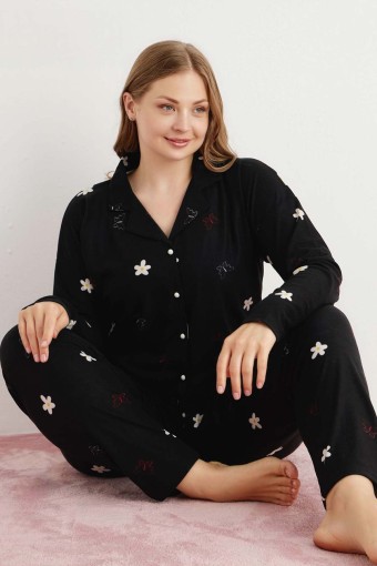 PİJAMONİ - Pijamoni Kadın Pijama Takımı Uzun Kollu Gömlek Yaka Süet Çiçek Desenli Büyük Beden - Siyah