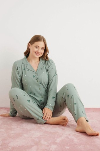 PİJAMONİ - Pijamoni Kadın Pijama Takımı Uzun Kollu Gömlek Yaka Süet Desenli Büyük Beden - Çağla Yeşili