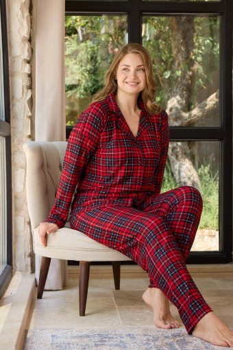 PİJAMONİ - Pijamoni Kadın Pijama Takımı Uzun Kollu Gömlek Yaka Süet Ekose Büyük Beden - Kırmızı