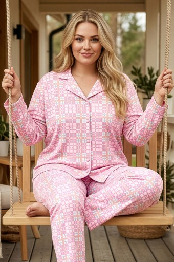 PİJAMONİ - Pijamoni Kadın Pijama Takımı Uzun Kollu Gömlek Yaka Süet Ekoseli Büyük Beden - Pembe
