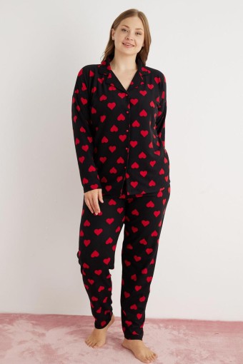 PİJAMONİ - Pijamoni Kadın Pijama Takımı Uzun Kollu Gömlek Yaka Süet Kalp Desenli Büyük Beden - Siyah