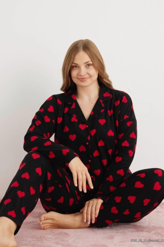 PİJAMONİ - Pijamoni Kadın Pijama Takımı Uzun Kollu Gömlek Yaka Süet Kalp Desenli Büyük Beden - Siyah (1)