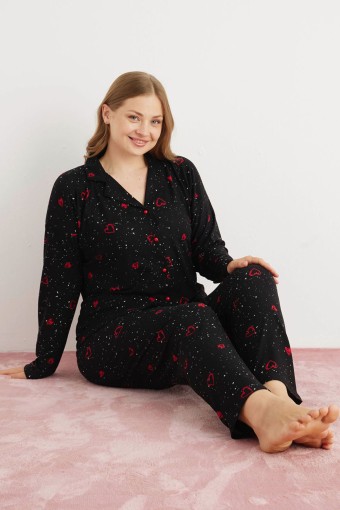PİJAMONİ - Pijamoni Kadın Pijama Takımı Uzun Kollu Gömlek Yaka Süet Kalpli Büyük Beden - Siyah