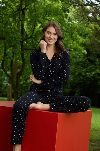 PİJAMONİ - Pijamoni Kadın Pijama Takımı Uzun Kollu Gömlek Yaka Süet - Siyah