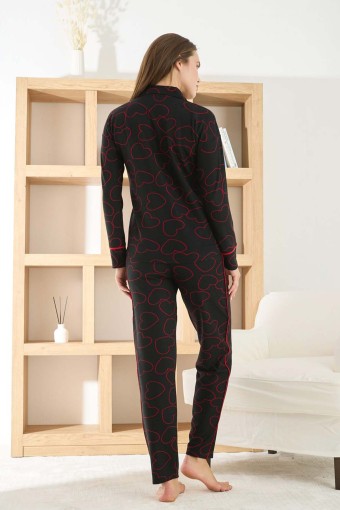 PİJAMONİ - Pijamoni Kadın Pijama Takımı Uzun Kollu Gömlek Yaka Waffle Kumaş Büyük Kalp Desenli - Siyah (1)
