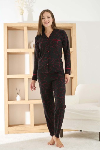 PİJAMONİ - Pijamoni Kadın Pijama Takımı Uzun Kollu Gömlek Yaka Waffle Kumaş Büyük Kalp Desenli - Siyah