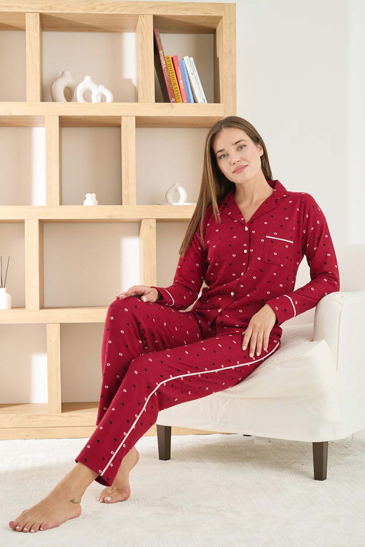 Pijamoni Kadın Pijama Takımı Uzun Kollu Gömlek Yaka Waffle Kumaş Desenli - Kırmızı - Thumbnail