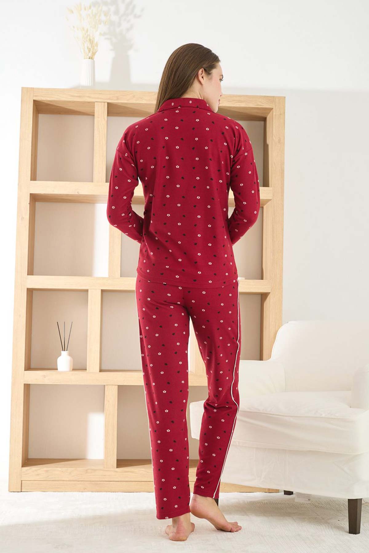 Pijamoni Kadın Pijama Takımı Uzun Kollu Gömlek Yaka Waffle Kumaş Desenli - Kırmızı - Thumbnail