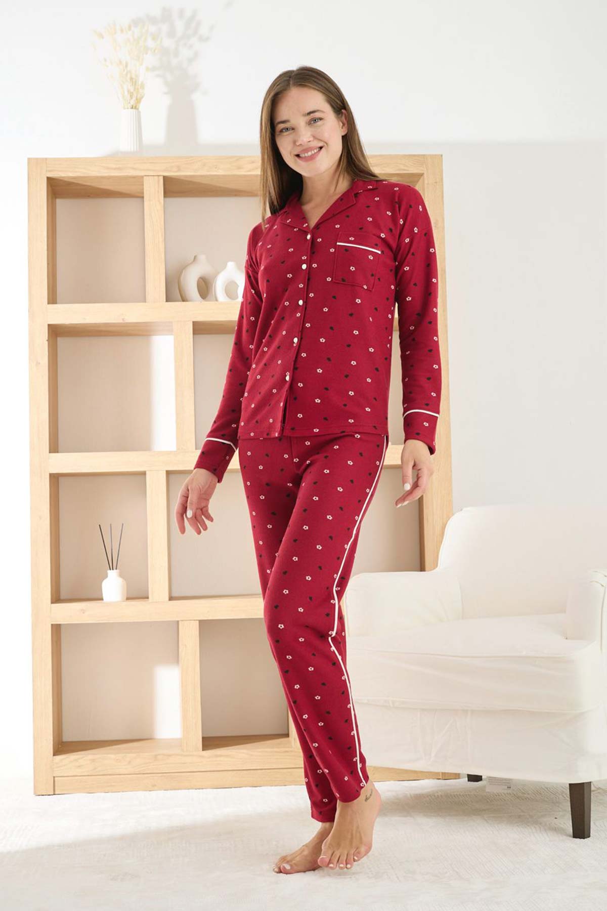 Pijamoni Kadın Pijama Takımı Uzun Kollu Gömlek Yaka Waffle Kumaş Desenli - Kırmızı - Thumbnail
