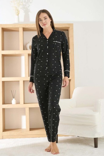 PİJAMONİ - Pijamoni Kadın Pijama Takımı Uzun Kollu Gömlek Yaka Waffle Kumaş Desenli - Siyah