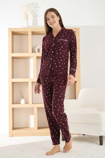 PİJAMONİ - Pijamoni Kadın Pijama Takımı Uzun Kollu Gömlek Yaka Waffle Kumaş Kalpli - Mürdüm