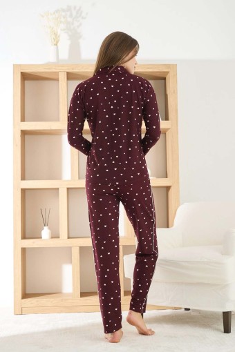 PİJAMONİ - Pijamoni Kadın Pijama Takımı Uzun Kollu Gömlek Yaka Waffle Kumaş Kalpli - Mürdüm (1)