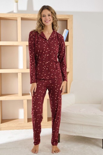 PİJAMONİ - Pijamoni Kadın Pijama Takımı Uzun Kollu Gömlek Yaka Yaprak Desenli Sofya - Bordo