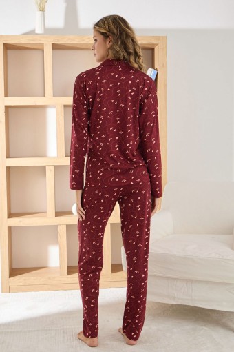 PİJAMONİ - Pijamoni Kadın Pijama Takımı Uzun Kollu Gömlek Yaka Yaprak Desenli Sofya - Bordo (1)