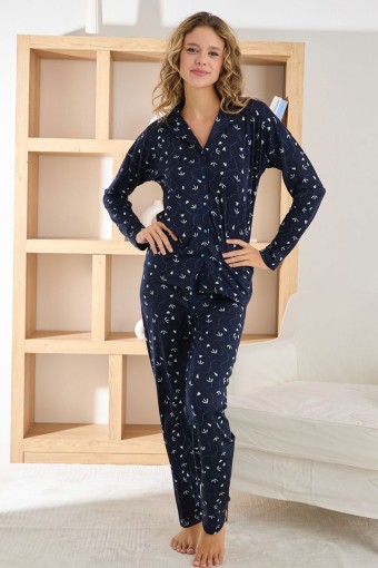PİJAMONİ - Pijamoni Kadın Pijama Takımı Uzun Kollu Gömlek Yaka Yaprak Desenli Sofya - Lacivert