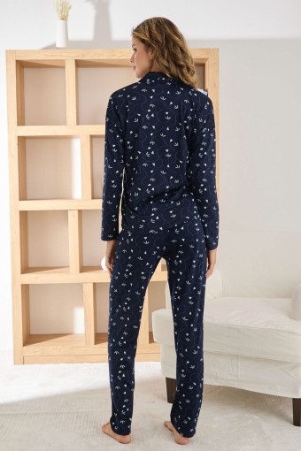 PİJAMONİ - Pijamoni Kadın Pijama Takımı Uzun Kollu Gömlek Yaka Yaprak Desenli Sofya - Lacivert (1)