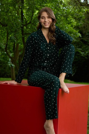 PİJAMONİ - Pijamoni Kadın Pijama Takımı Uzun Kollu Gömlek Yaka Yıldızlı Süet - Zümrüt Yeşili