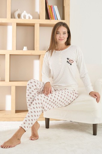 PİJAMONİ - Pijamoni Kadın Pijama Takımı Uzun Kollu Üç Düğme Desenli Berlin Raporlu - Beyaz