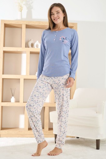 PİJAMONİ - Pijamoni Kadın Pijama Takımı Uzun Kollu Üç Düğme Desenli Berlin Raporlu - Lila