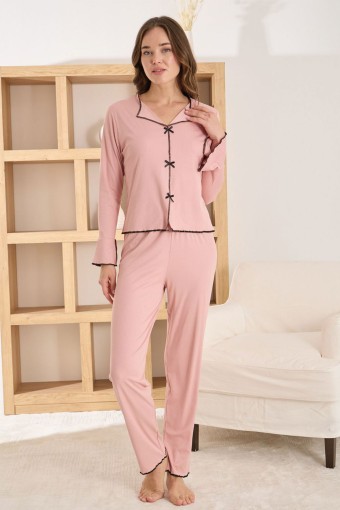 PİJAMONİ - Pijamoni Kadın Pijama Takımı Uzun Kollu V Yaka Fiyonklu Berlin Raporlu - Somon