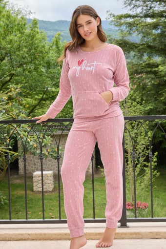 PİJAMONİ - Pijamoni Kadın Pijama Takımı Uzun Kollu Yıldızlı Fitilli Polar - Pembe
