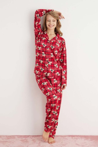 PİJAMONİ - Pijamoni Kadın Pijama Takımı Uzun Kolu Gömlek Yaka Ayıcık Desenli Süet - Kırmızı