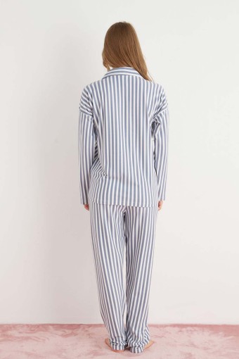 PİJAMONİ - Pijamoni Kadın Pijama Takımı Uzun Kolu Gömlek Yaka Desenli - Beyaz (1)