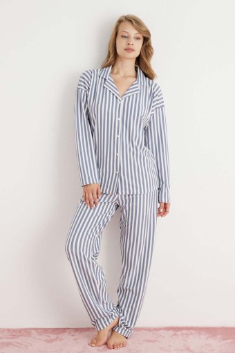 PİJAMONİ - Pijamoni Kadın Pijama Takımı Uzun Kolu Gömlek Yaka Desenli - Beyaz