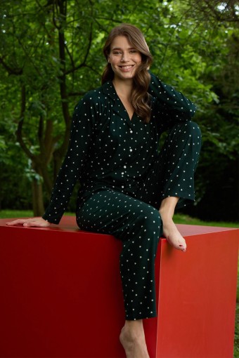 PİJAMONİ - Pijamoni Kadın Pijama Takımı Uzun Kolu Gömlek Yaka Desenli - Zümrüt Yeşili