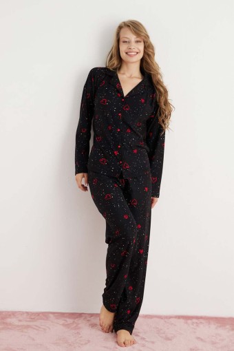 PİJAMONİ - Pijamoni Kadın Pijama Takımı Uzun Kolu Gömlek Yaka Ekose Desenli Süet - Siyah