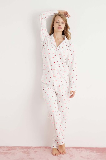 PİJAMONİ - Pijamoni Kadın Pijama Takımı Uzun Kolu Gömlek Yaka Kalp Desenli Süet - Beyaz
