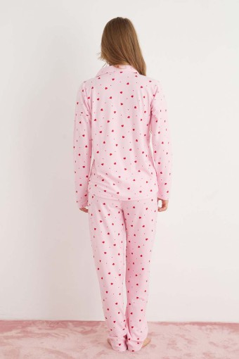 PİJAMONİ - Pijamoni Kadın Pijama Takımı Uzun Kolu Gömlek Yaka Kalp Desenli Süet - Pembe (1)