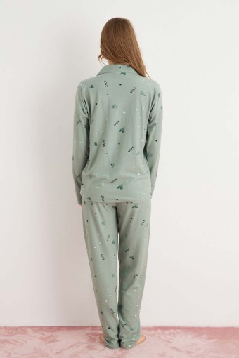 PİJAMONİ - Pijamoni Kadın Pijama Takımı Uzun Kolu Gömlek Yaka Kalp Desenli Süet - Yeşil (1)
