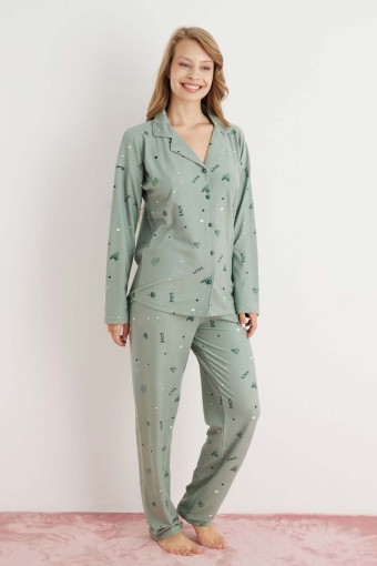 PİJAMONİ - Pijamoni Kadın Pijama Takımı Uzun Kolu Gömlek Yaka Kalp Desenli Süet - Yeşil
