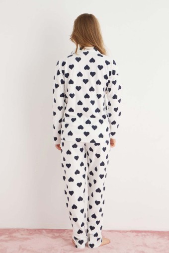 PİJAMONİ - Pijamoni Kadın Pijama Takımı Uzun Kolu Gömlek Yaka Kalpli Süet - Beyaz (1)