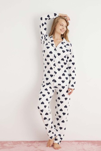 PİJAMONİ - Pijamoni Kadın Pijama Takımı Uzun Kolu Gömlek Yaka Kalpli Süet - Beyaz