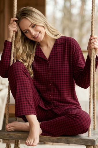 PİJAMONİ - Pijamoni Kadın Pijama Takımı Uzun Kolu Gömlek Yaka Pötikare Desenli Süet - Bordo