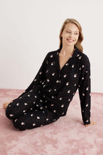 PİJAMONİ - Pijamoni Kadın Pijama Takımı Uzun Kolu Gömlek Yaka Tavşan Desenli Süet - Siyah (1)