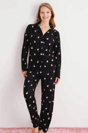 PİJAMONİ - Pijamoni Kadın Pijama Takımı Uzun Kolu Gömlek Yaka Tavşan Desenli Süet - Siyah