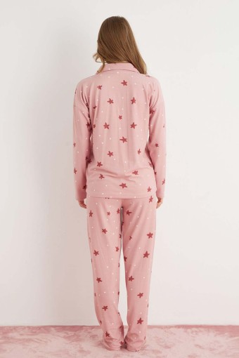 PİJAMONİ - Pijamoni Kadın Pijama Takımı Uzun Kolu Gömlek Yaka Yıldız Desenli Süet - Pembe (1)