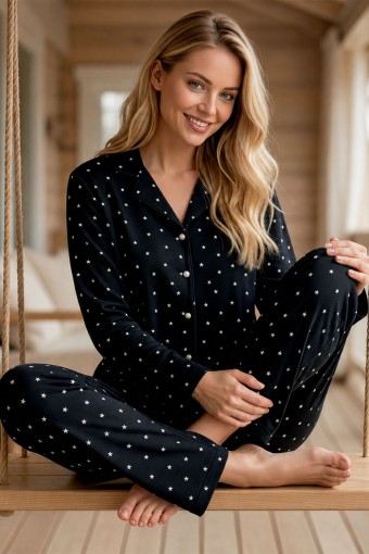 PİJAMONİ - Pijamoni Kadın Pijama Takımı Uzun Kolu Gömlek Yaka Yıldız Desenli Süet - Siyah