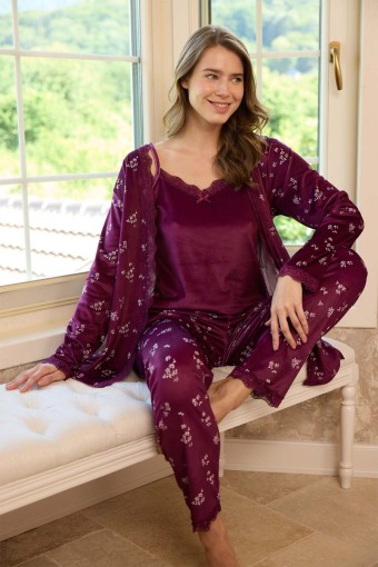 PİJAMONİ - Pijamoni Kadın Sabahlıklı Pijama Takımı İp Askılı Kadife Çiçek Desenli - Mürdüm
