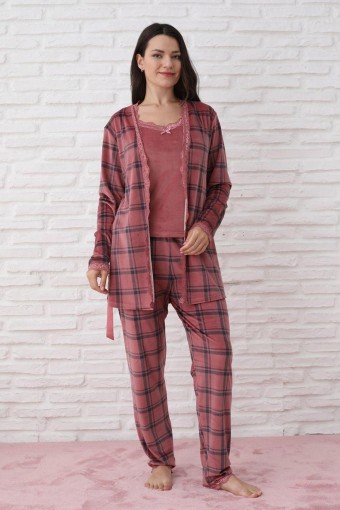 PİJAMONİ - Pijamoni Kadın Sabahlıklı Pijama Takımı İp Askılı Kadife Desenli - Gülkurusu (1)